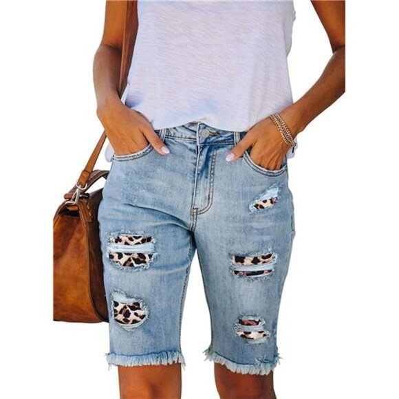 Women's Bermuda Shorts Denim Destroyed Raw Hem Shorts Jeans - Picture 1 of 5